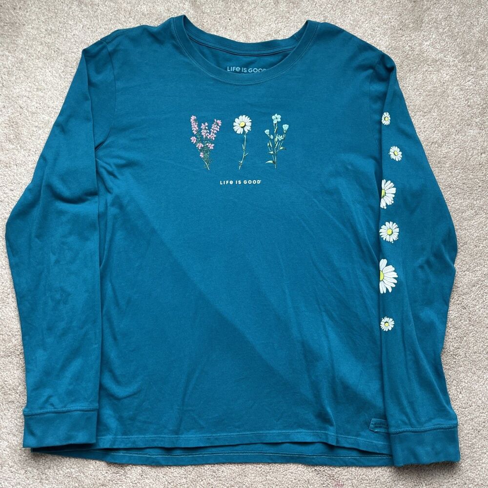 Life is Good Crusher Tee T-Shirt Women XXL Teal Blue Floral Casual Print Nature